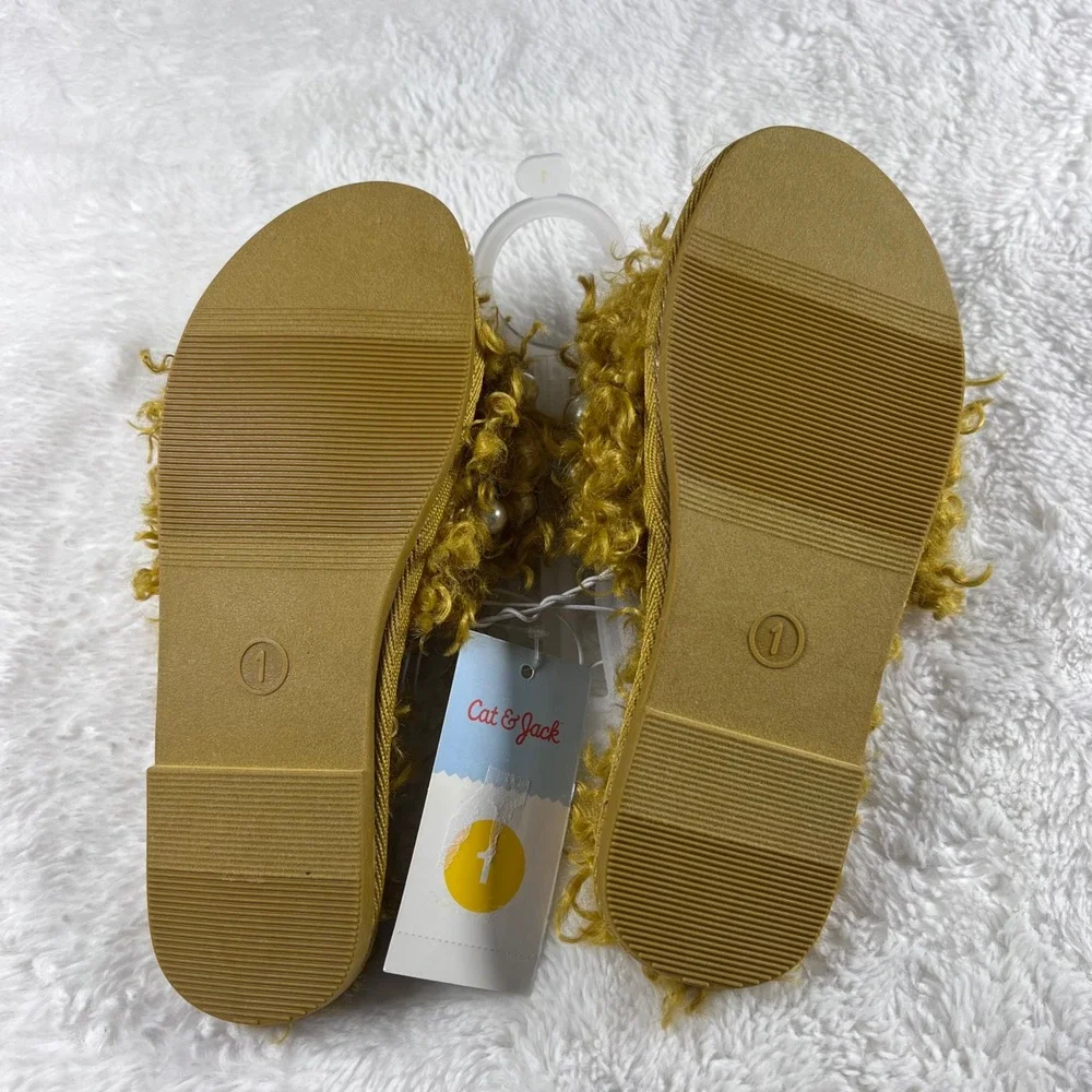 Cat Jack‎ Toddler Girls Bear Slippers Size 1 Gold Faux Fur Pearl Embellished NWT